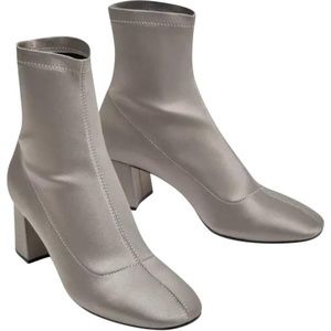 Zara Sock-Style Silver Satin Ankle Boots